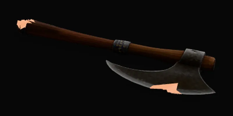 The same axe after STL repair, with both holes capped by orange patches