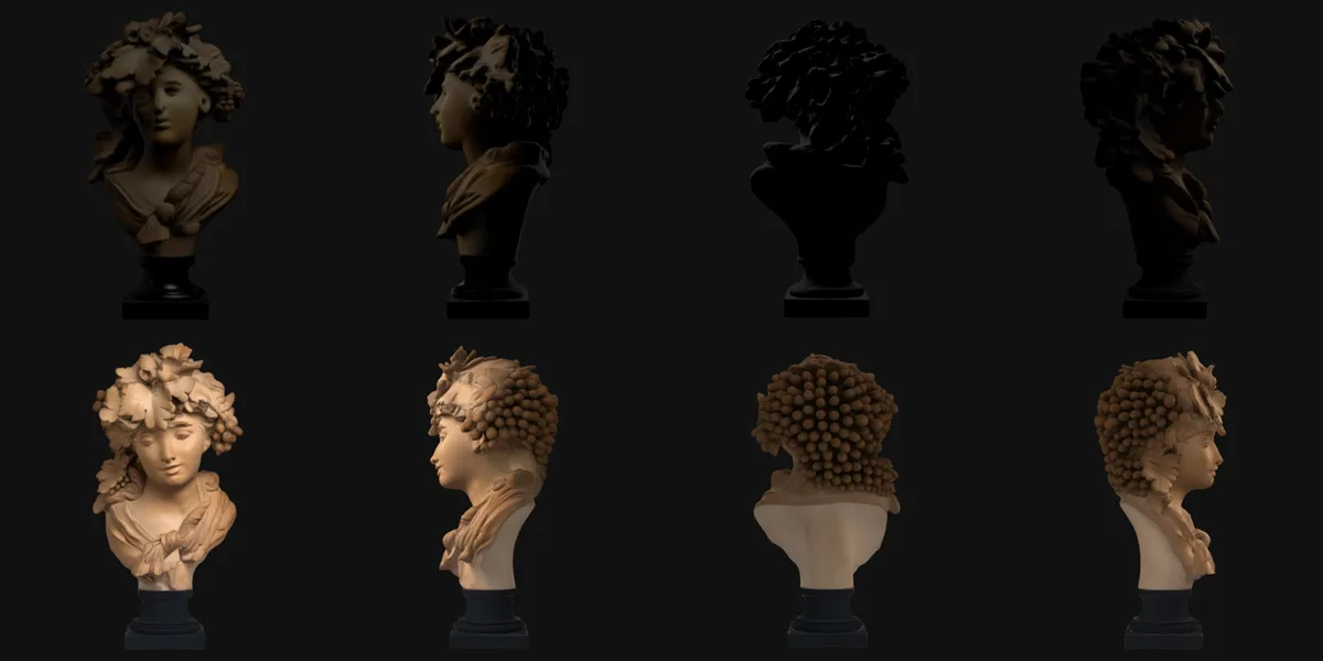 The same two results seen from four sides. From behind, the Standard version is a dark undifferentiated mass; the Ultra Detail version resolves into individual grapes.