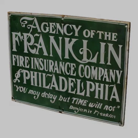 The High Detail enamel sign GLB rendered in Blender 5.2 after import, with every line of lettering legible