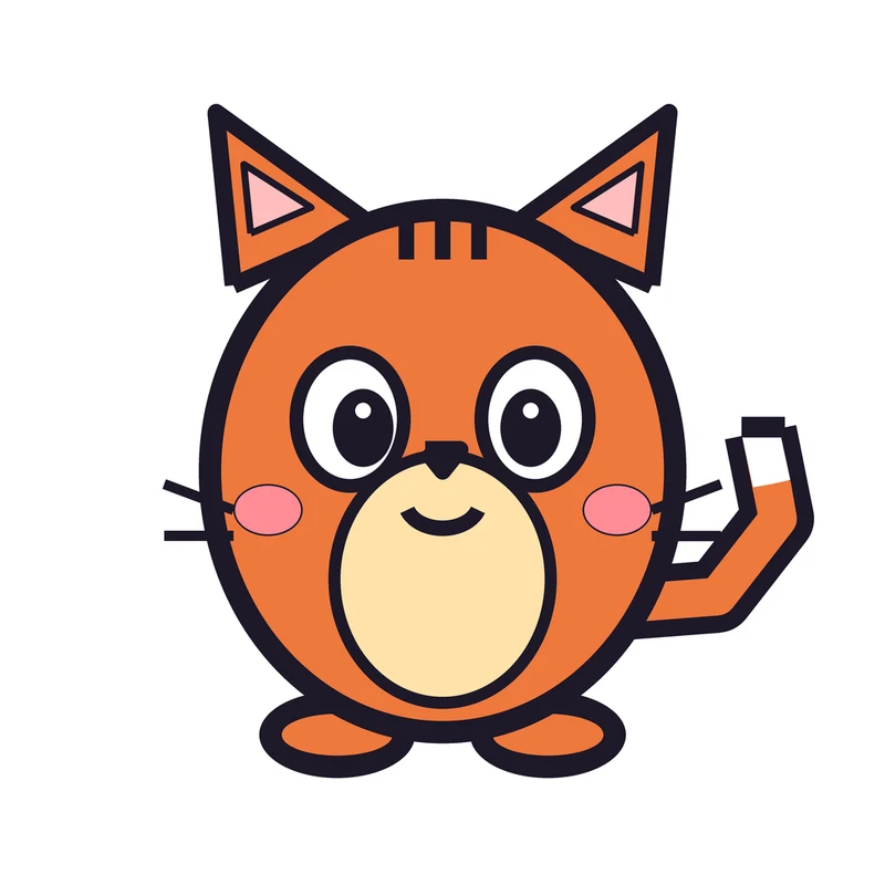 The source drawing: an orange cartoon cat mascot with thick black outlines, big eyes, pink cheeks, a cream belly and a raised tail with a white tip.