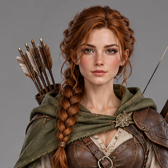 The source image, cropped to the head: a young woman ranger with a red braid, freckles and a green hood, a quiver of arrows behind her shoulder.