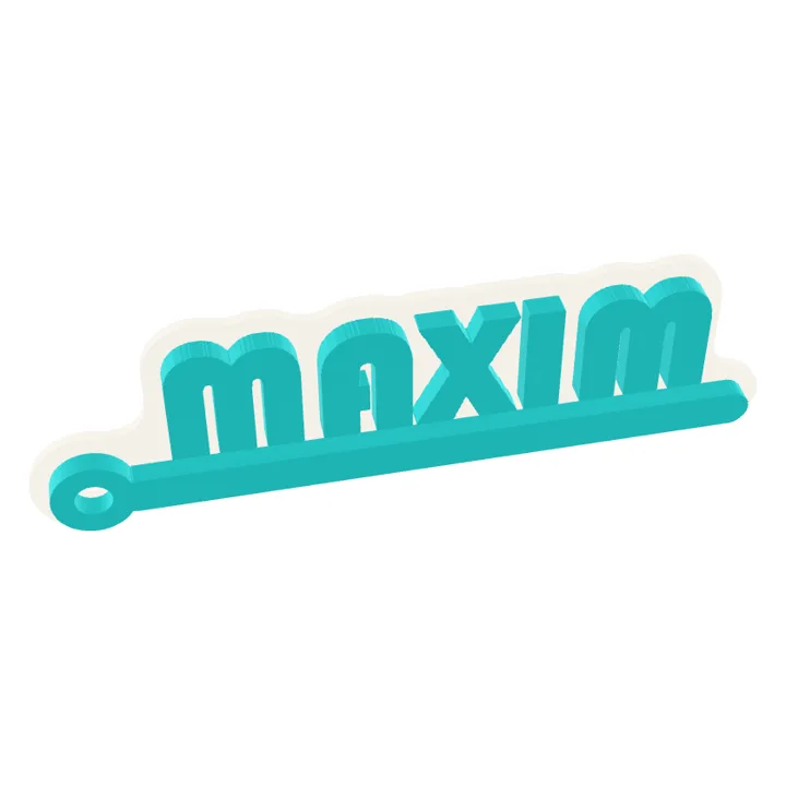 The 3D keychain made from the name: raised teal letters on a thin bar with a hanging loop at one end