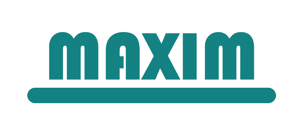A flat teal drawing of the name MAXIM in heavy letters above a rounded bar