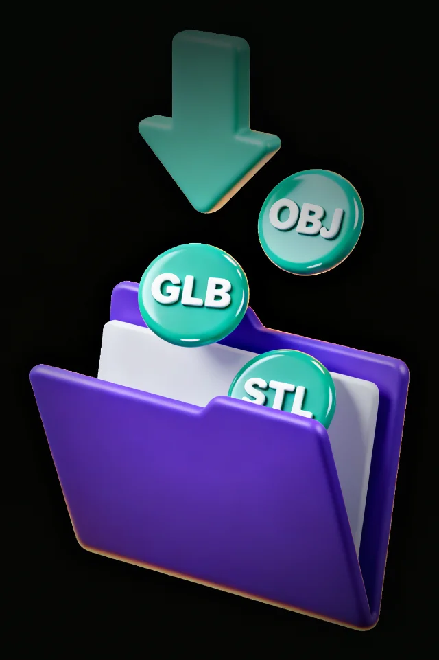 An opening violet folder with a download arrow and GLB, OBJ and STL badges floating out of it