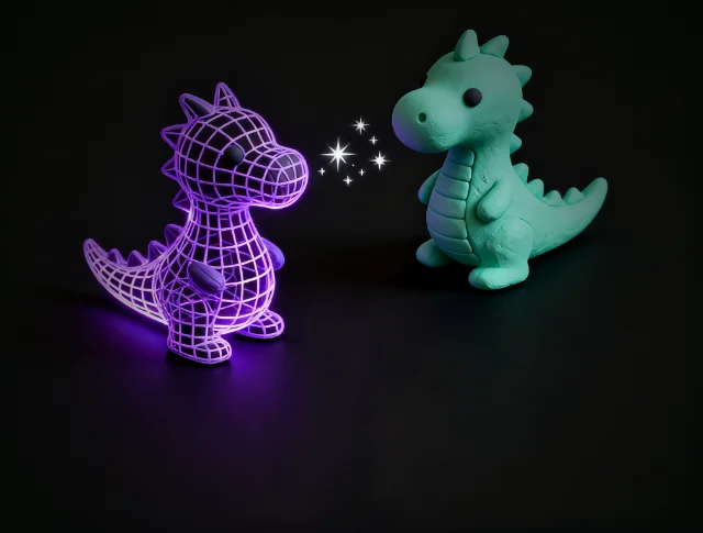 A violet wireframe toy dragon on the left turning into the same dragon as a solid mint-green figure on the right