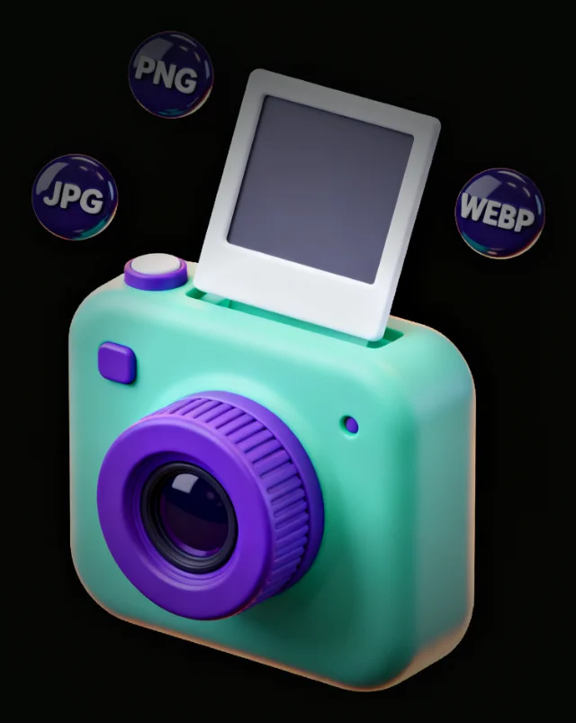 A mint-green instant camera with a photo print and PNG, JPG and WEBP badges floating around it